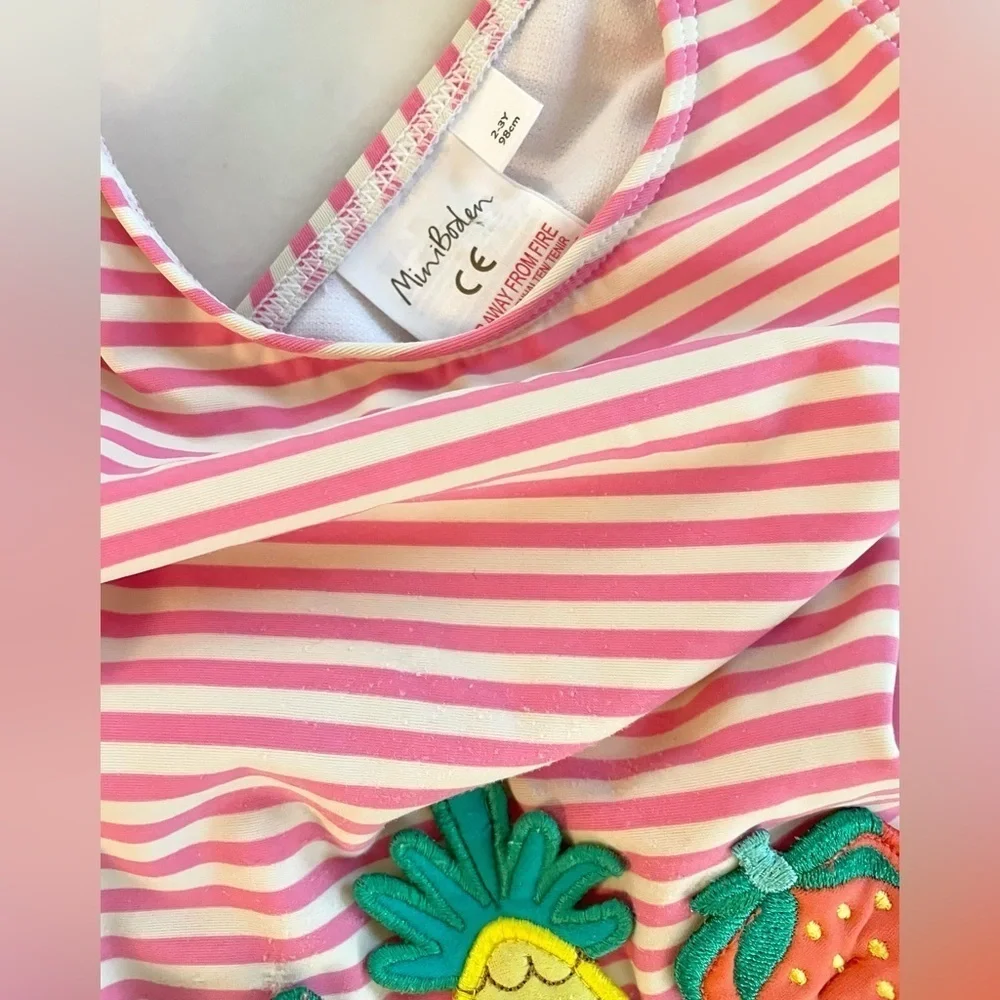 Mini Boden Pink Striped Ruffle Fruit Swimsuit - Picture 6 of 6